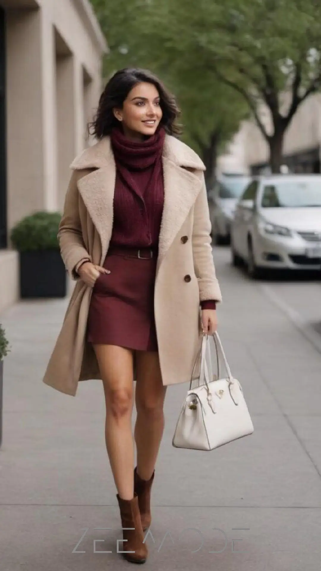 ترکیب رنگ زرشکی و بژ در استایل پاییزی